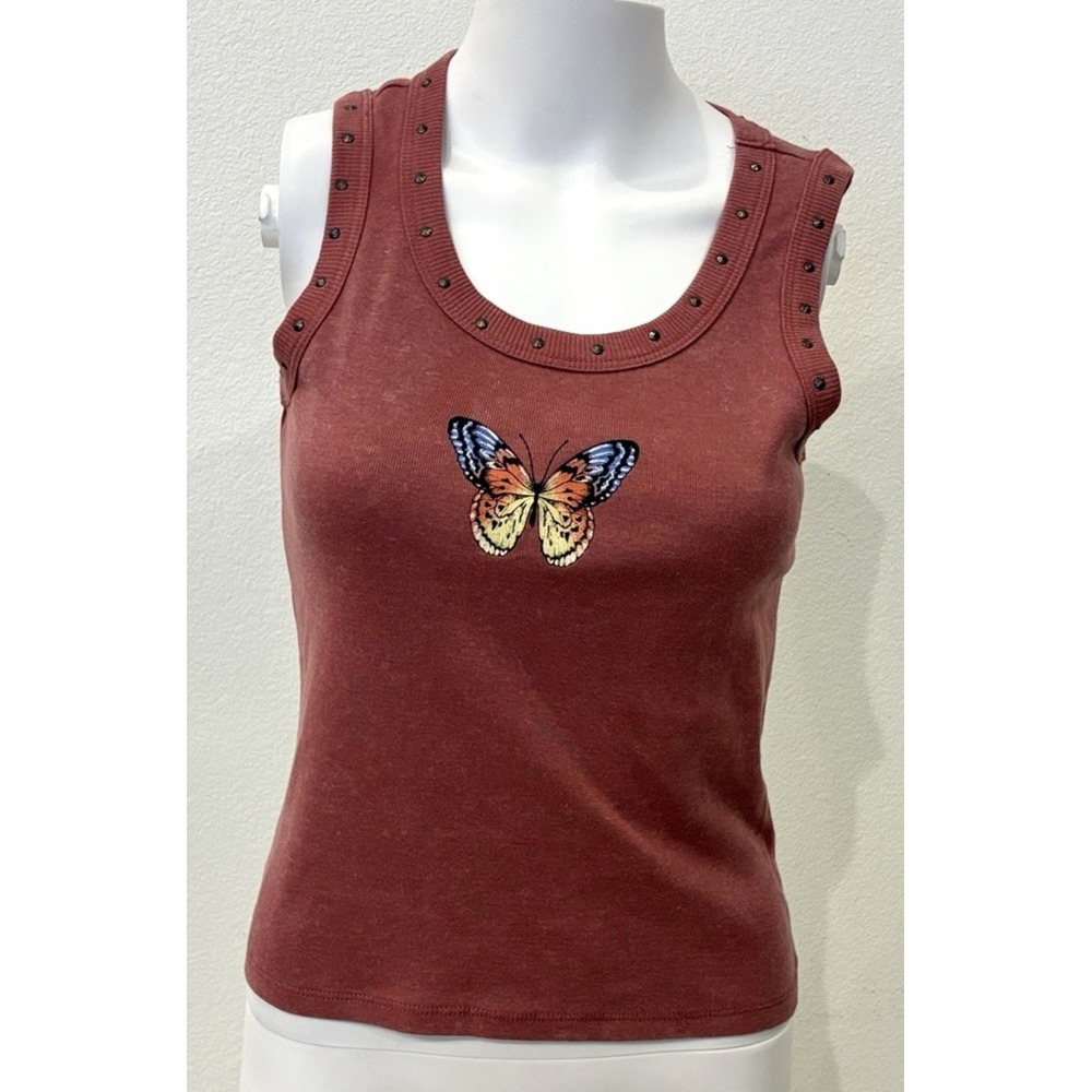 Vinyl Threads Womens Tank Top S Mauve Pink Butterfly Studded Mineral Wash NEW